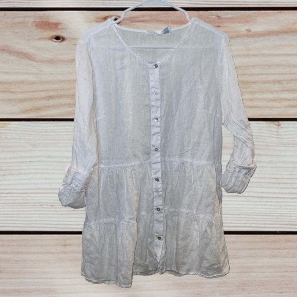 100% LINEN Sigrid Olsen white button, front baby doll tunic spring summer blouse